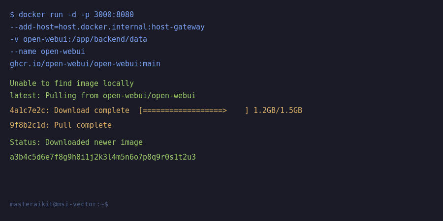 Terminal showing docker run command pulling and starting Open WebUI container