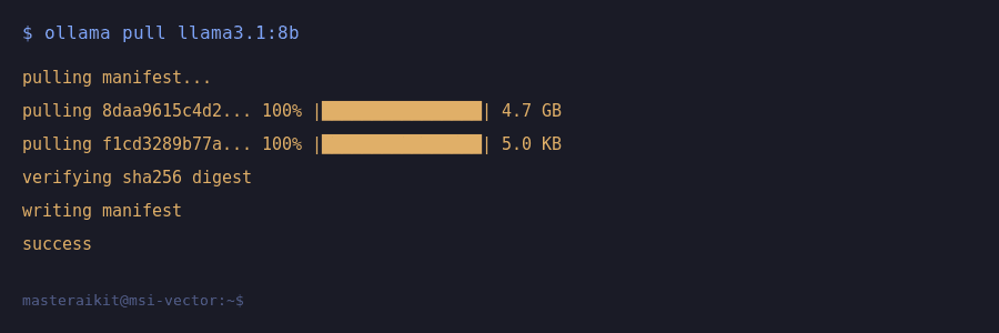 Terminal showing ollama pull command downloading a model