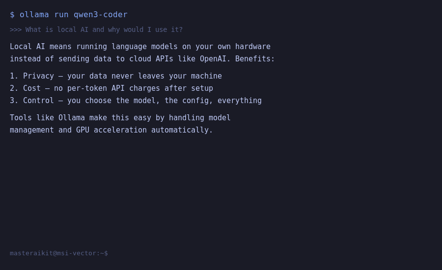 Terminal showing ollama run with first chat exchange